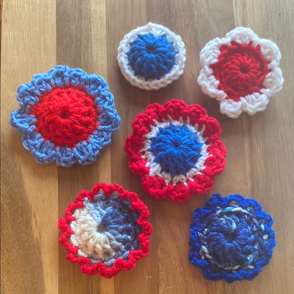Handcrafted Crochet Flower Set Red, Blue, White